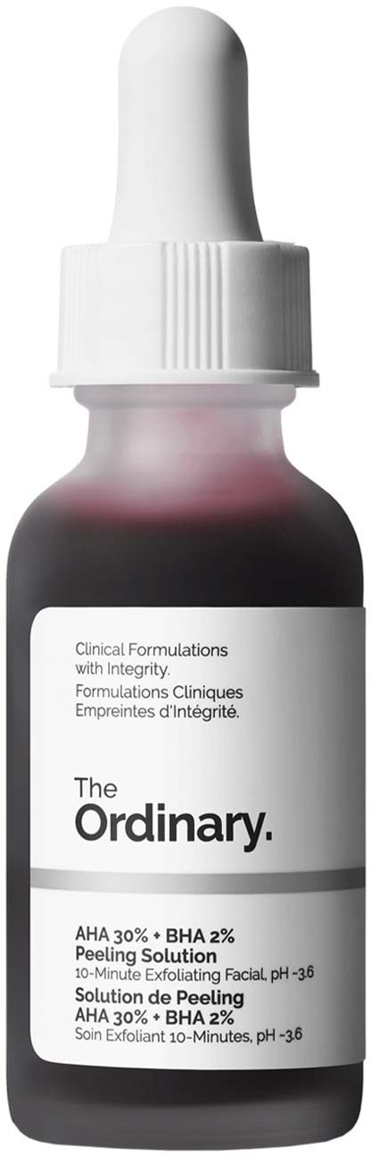 A dark bottle with a white dropper cap and a label that says 'The Ordinary AHA 30% + BHA 2% Peeling Solution.'