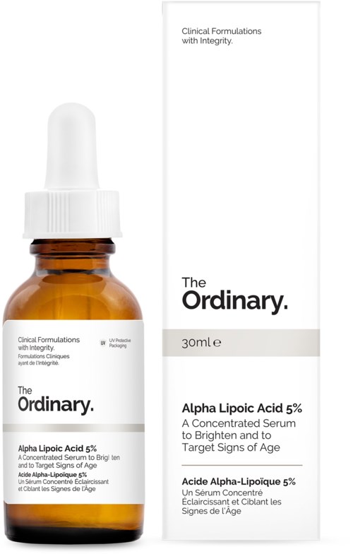 Een bruine glazen fles met witte pipetdop en een doos met productgegevens. Het is een serum met alfa-lipauwzuur.