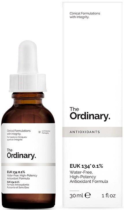 A small brown bottle with a dropper and a white box labeled "The Ordinary" and "Antioxidants."