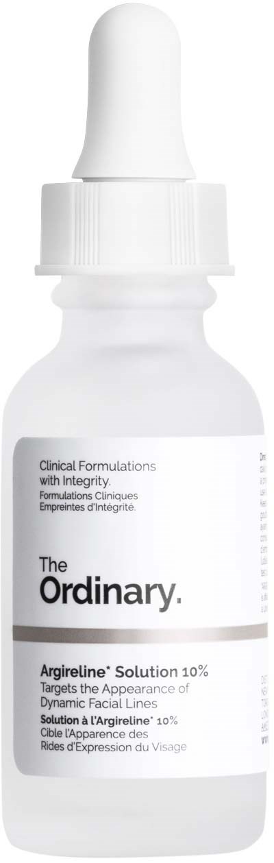 En vit flaska med droppkork märkt 'The Ordinary Argireline Solution 10%'.