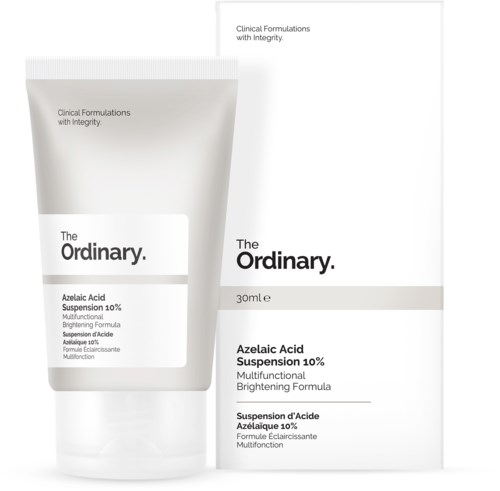 Een tube en doos van The Ordinary Azelaic Acid Suspension 10%, een huidverzorgingsproduct voor oplichten en behandelen van de huid.