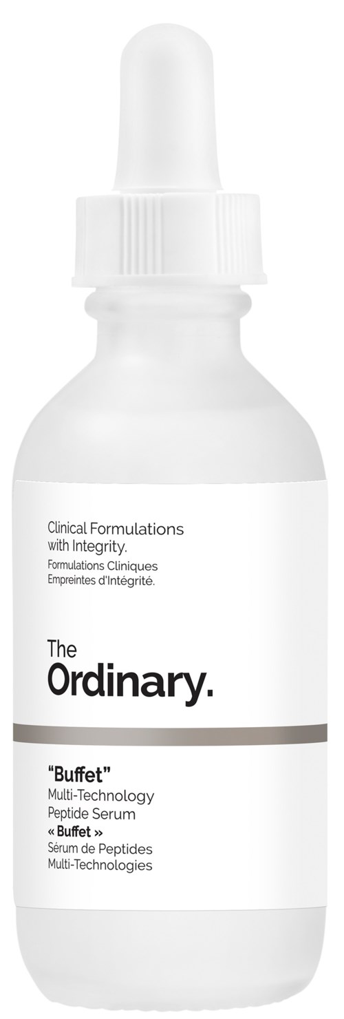 En vit dropperfärgad flaska märkt 'The Ordinary' med produktnamnet 'Buffet' på framsidan.