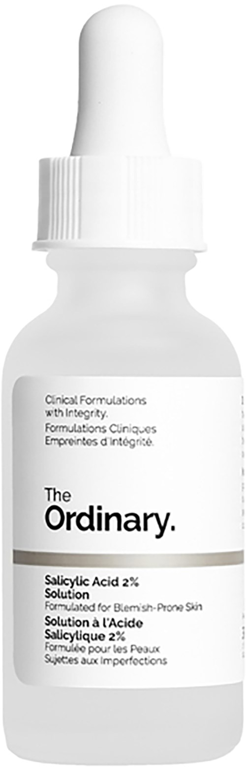 Een witte fles met pipetdop, labelt 'The Ordinary Salicylic Acid 2% Solution' voor huidverzorging.
