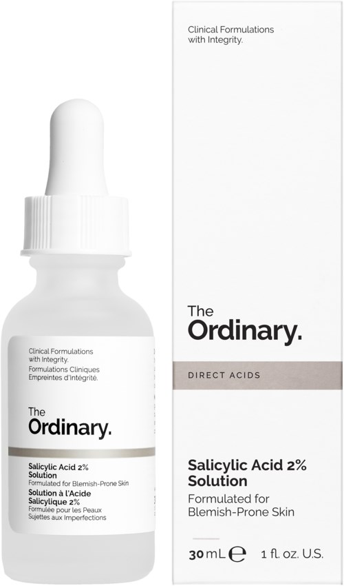 Een witte druppelfles met 'The Ordinary', met een doos ernaast, beide bevatten een salicylzuuroplossing voor de huid.