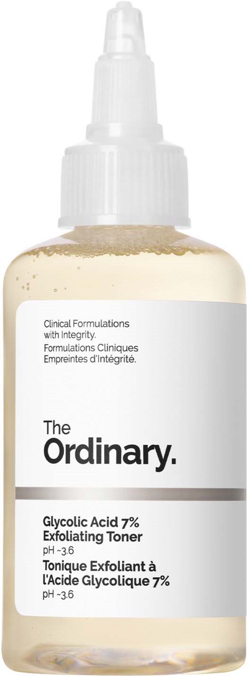 A clear bottle with a white label, holds a skin care toner called Glycolic Acid 7% from The Ordinary.