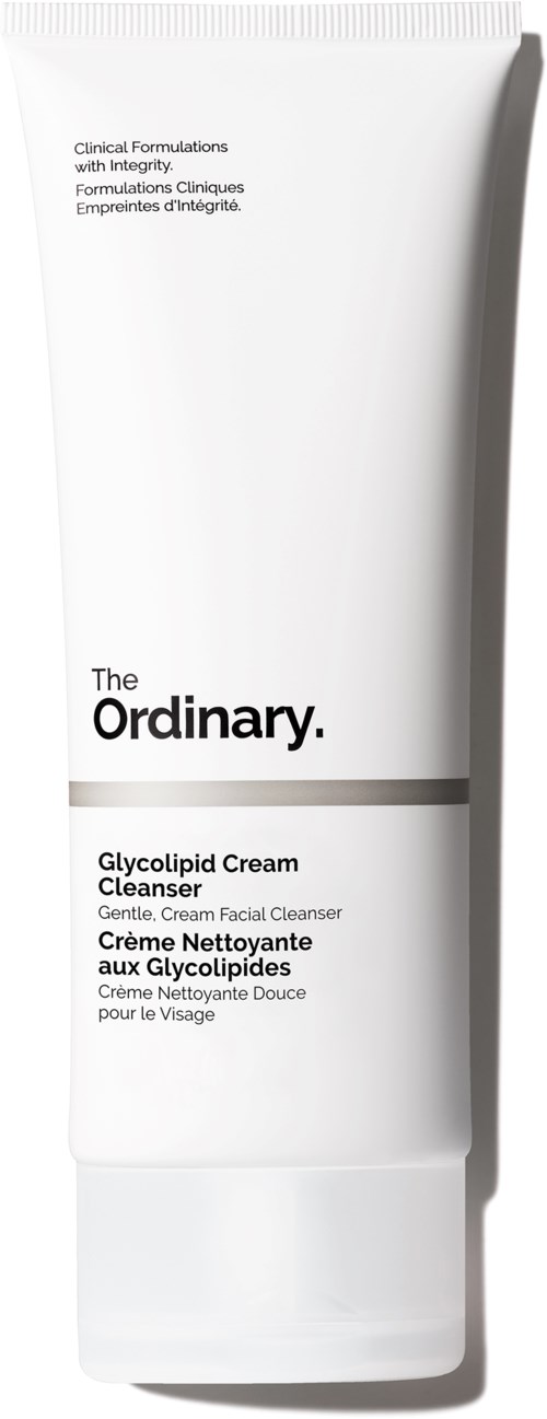 A white tube of skincare product called Glycolipid Cream Cleanser from The Ordinary, with text in black and gray.