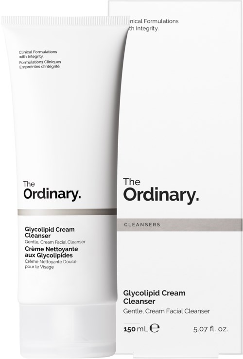A white tube and box of The Ordinary Glycolipid Cream Cleanser for face, with black text detailing product type and volume.