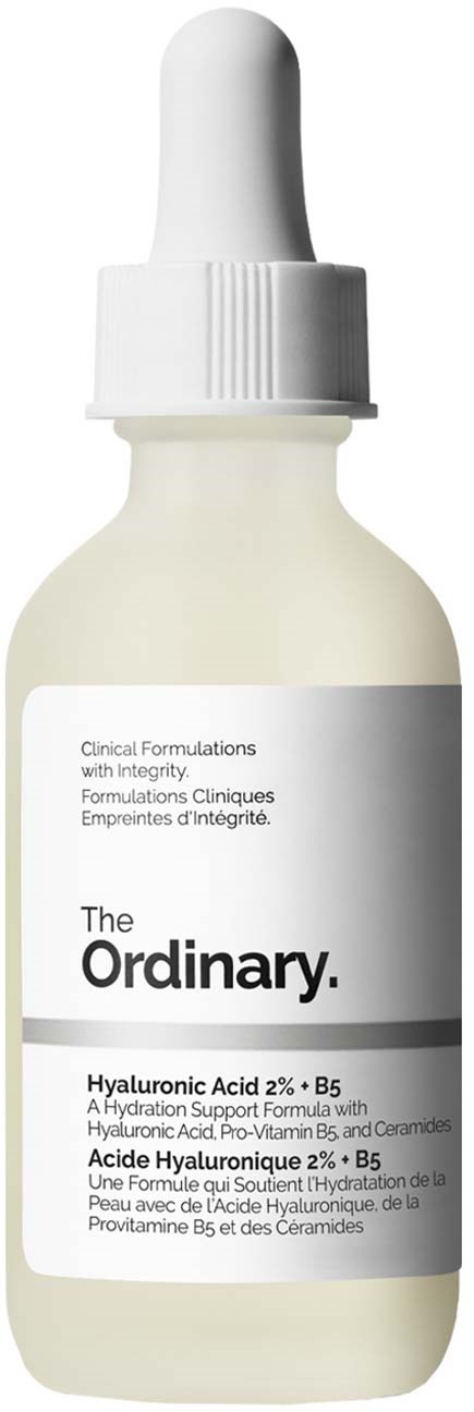 A white bottle with a dropper cap, labeled 'The Ordinary', containing hyaluronic acid and other ingredients.