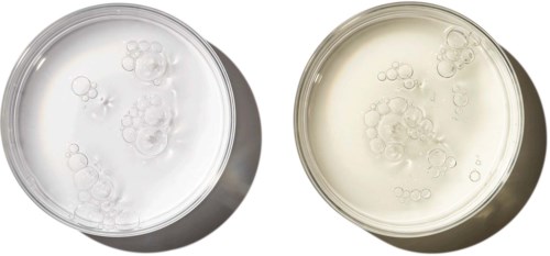 Two petri dishes with bubbles, one clear and the other slightly yellowish, likely used for scientific experiments.