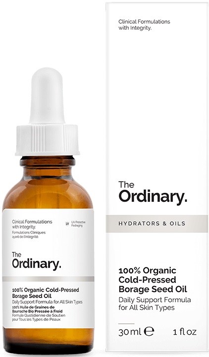 Klein amberkleurig druppelflesje en witte doos met 'The Ordinary' huidverzorgingsproduct, vooral een hydraterende olie met biologische zaadolie.