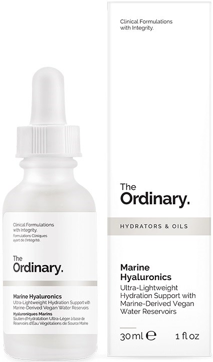 Een witte fles van The Ordinary Marine Hyalurons met verpakking, bevat hydraterende serum, 30 ml.