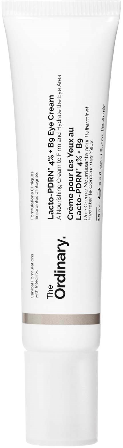 A white tube of The Ordinary Lacto-Resveratrol Eye Cream with black text and a simple design.