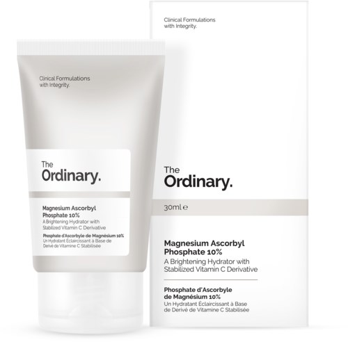 Een witte tube en doos van huidverzorgingsproduct genaamd The Ordinary. Bevat magnesiumascorbylfosfaat, een vitamine C-derivaat.