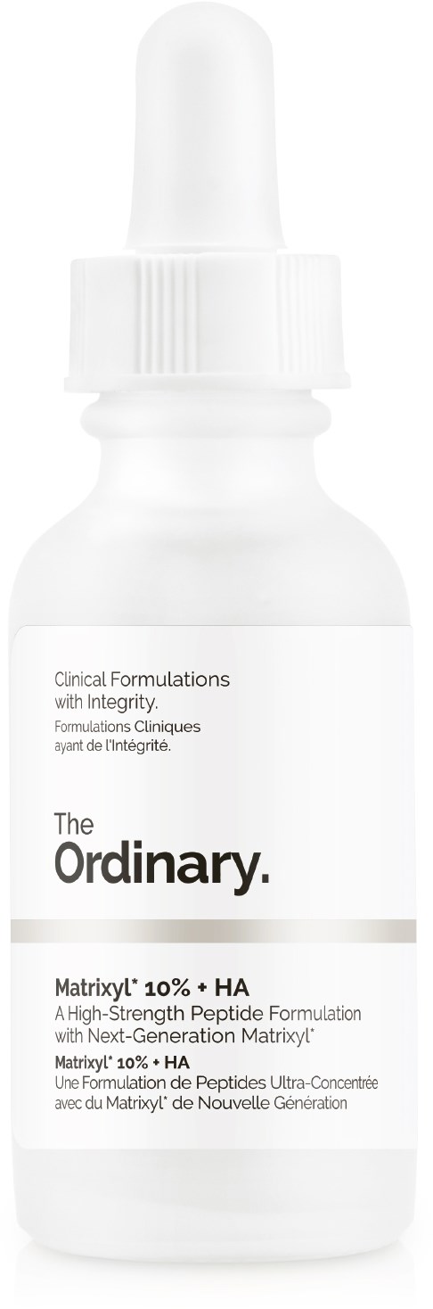 Een witte fles met druppelkap, gelabeld 'The Ordinary' huidverzorgingsproduct.