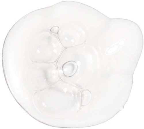 Duidelijke, ronde, halfvaste gel of vloeistof met bellen, onregelmatige vorm met dikke rand.