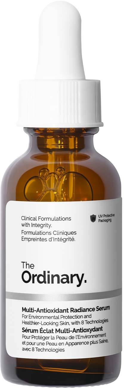 A brown glass dropper bottle with a white label and dropper cap, containing The Ordinary serum.
