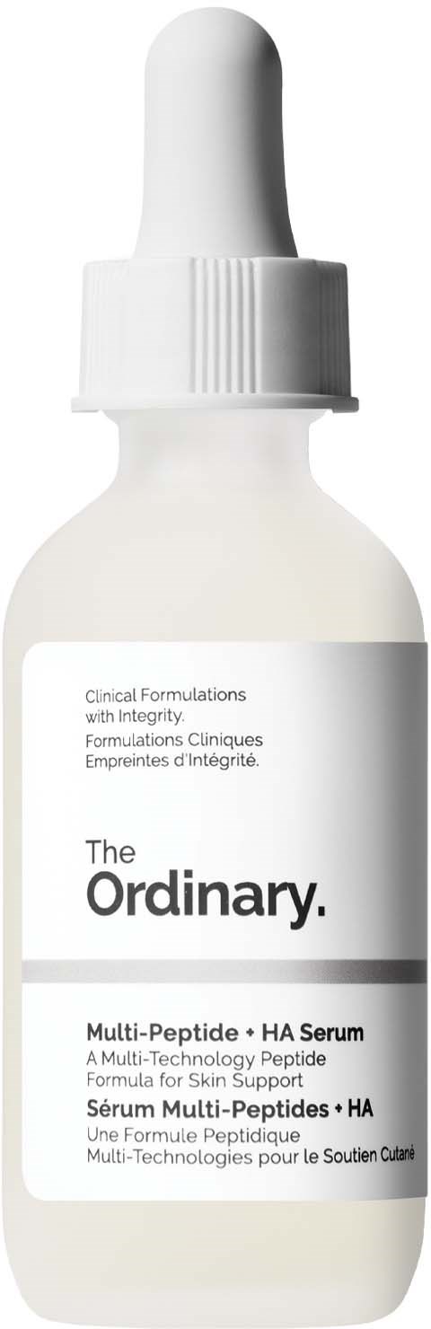 En vit droppflaska märkt The Ordinary Multi-Peptide + HA Serum, med text som beskriver dess syfte för hudvård.