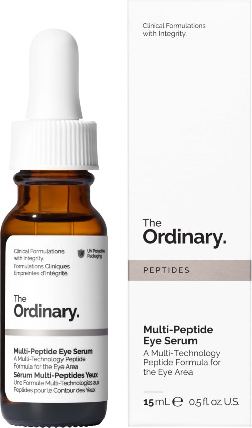 Kleine bruine fles met witte pipetdop, label 'The Ordinary Multi-Peptide Eye Serum', bevat 15 ml.