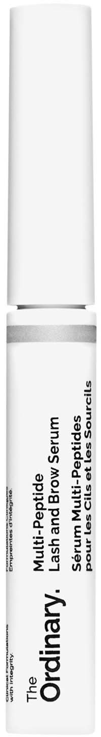 Een witte cosmeticafles met "The Ordinary" en tekst over inhoud en gebruik.