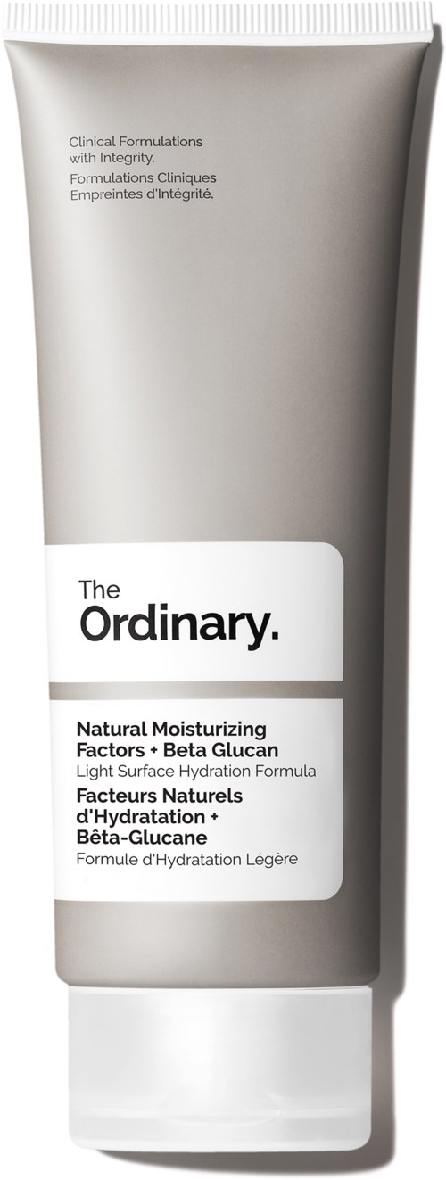 Een grijze en witte tube met "The Ordinary" en tekst over vochtinbrengende factoren en Beta Glucan.
