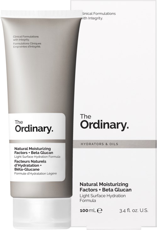 Een tube huidverzorgingscrème met witte verpakking en bijpassend doosje, gelabeld 'The Ordinary' en 'Natural Moisturizing Factors + Beta Glucan.'