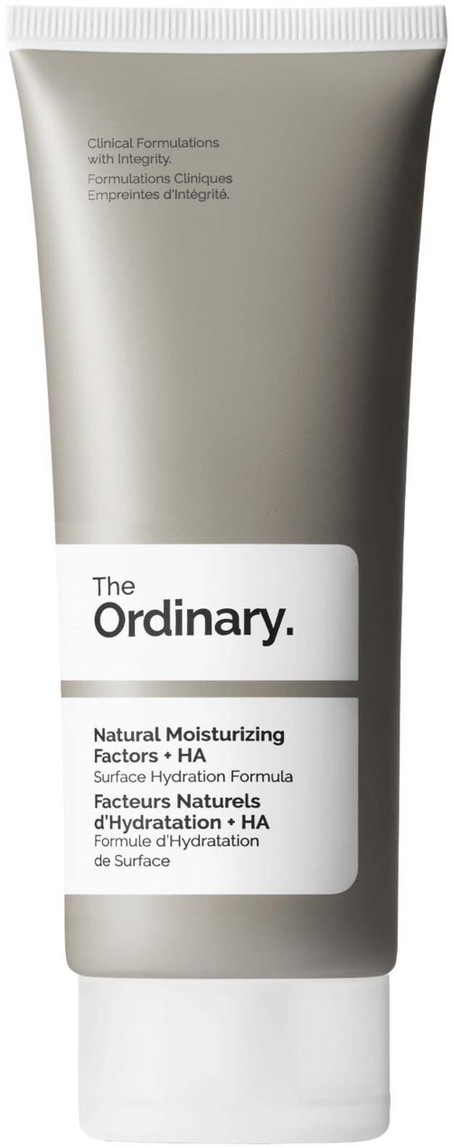 Een zilveren tube huidverzorgingsproduct met wit label, toont merk The Ordinary en informatie over hydratatie.