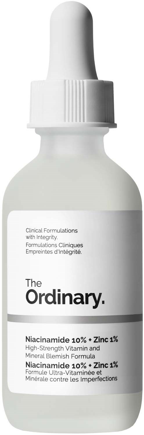 Een witte druppelfles met label 'The Ordinary' met ingrediënten niacinamide en zink. Het is voor huidverzorging.