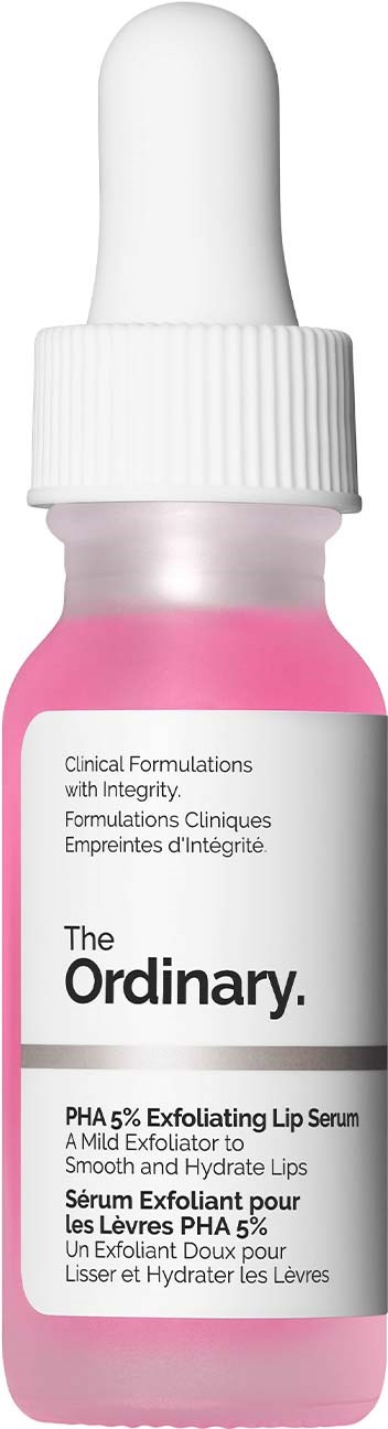 Roze fles met The Ordinary PHA 5% Exfoliating Lip Serum en witte pipetdop.