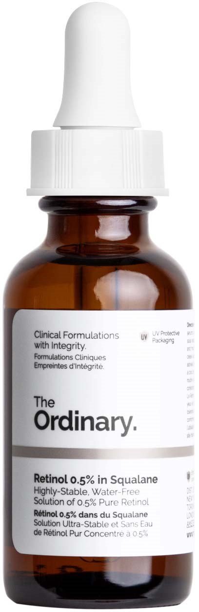 Klein bruin flesje met witte pipetdop, label 'The Ordinary' huidverzorgingsproduct met retinol.
