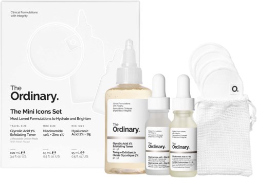 Set of skincare products including a toner, serum, mini icons, and cotton pads for brightening and hydration.