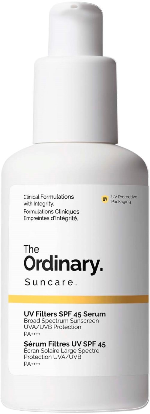 A white bottle with a pump, labeled The Ordinary UV Filters SPF 45 Serum, for sun protection.