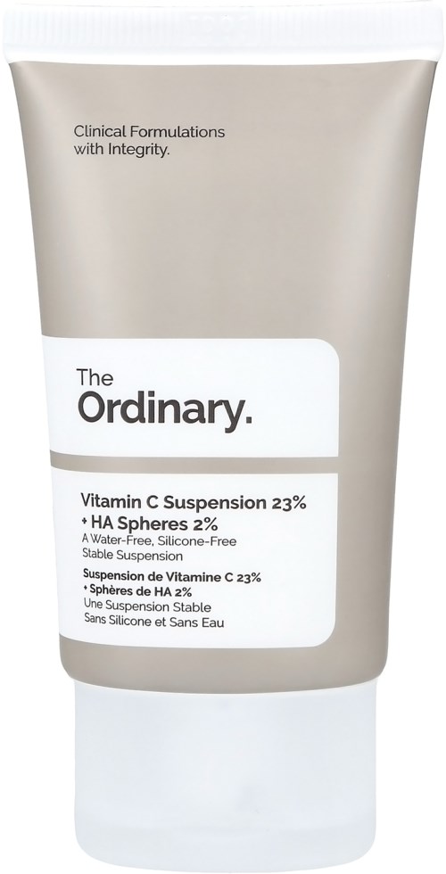 Een tube met Vitamin C Suspension 23% met Haepheres 2%, watervrij, siliconevrij, stabiel en eenvoudige verpakking.