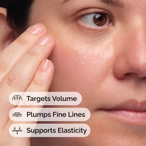 A person touching their face with options for skincare benefits: targets volume, reduces fine lines, supports elasticity.