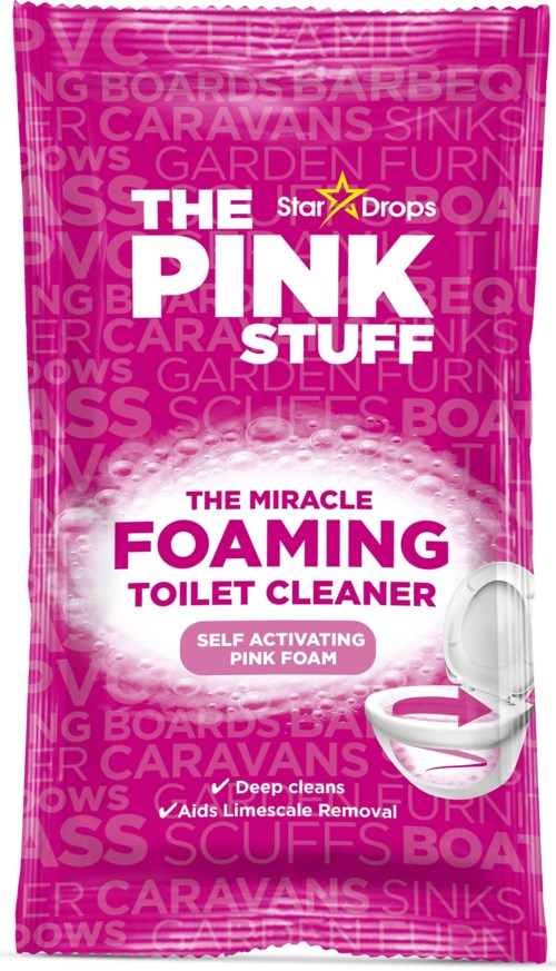 Pink packaging for foam toilet cleaner with bold text and a white toilet illustration.