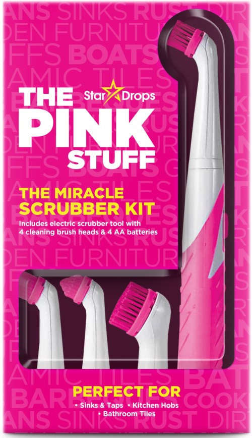 A pink cleaning kit with electric scrubber and brushes, labeled as perfect for sinks, tiles, and bathroom tiles.