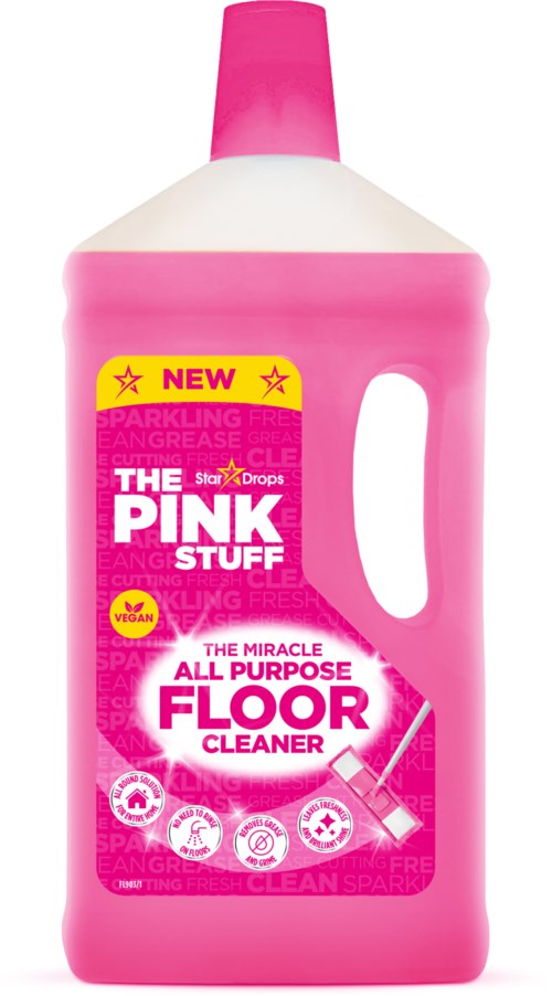 Pink floor cleaner with a handle, bottle top, and label showing it is an all-purpose cleaner, new and vegan.
