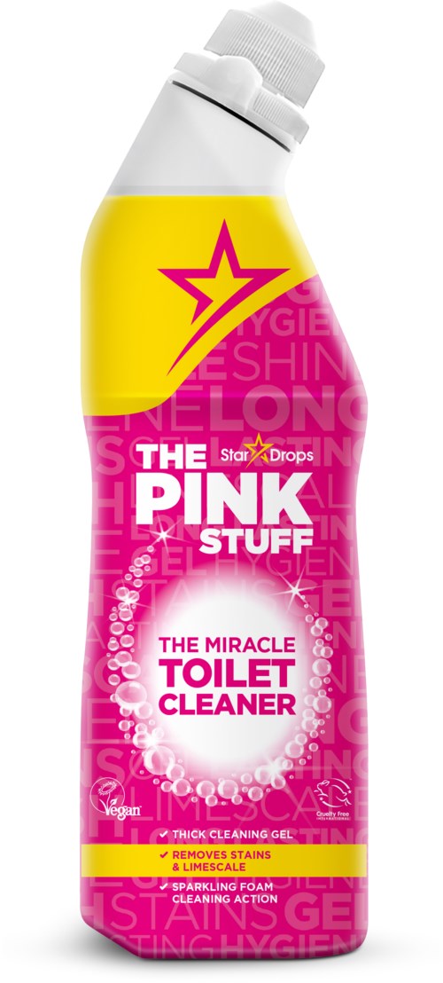 Pink and yellow bottle of The Pink Stuff toilet cleaner with star logo and product details, including scent and cleaning features.
