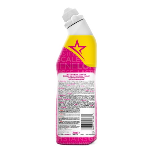 A pink and yellow bottle of cleaning product with a tilted cap and a star logo on the label.