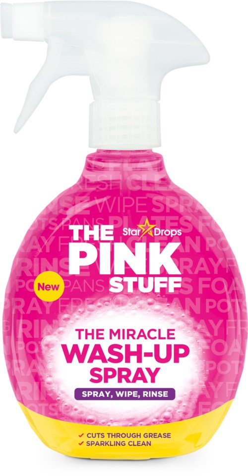Pink spray bottle labeled for cleaning, with instructions to spray, wipe, and rinse. It aims to remove grease and clean shine.