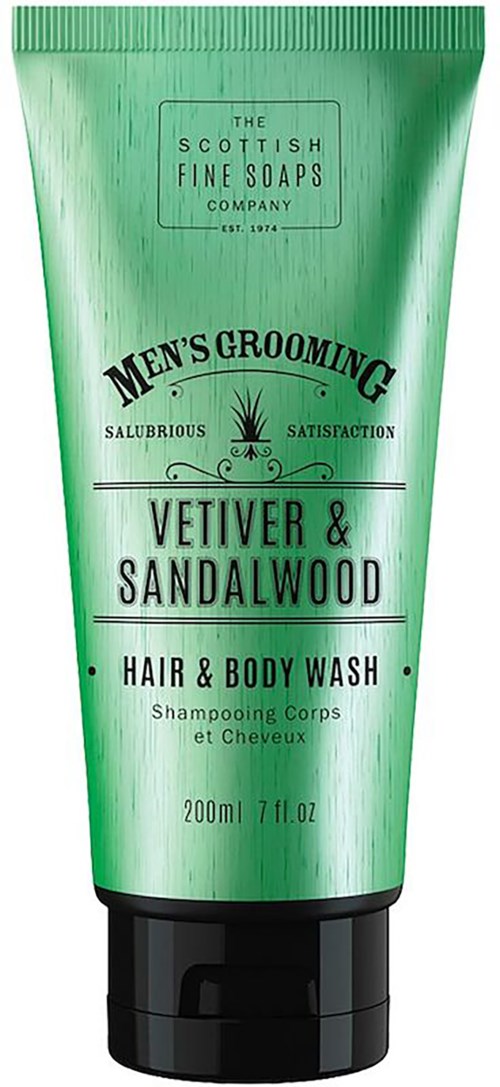 Grüne Tube für Männerpflege Haar- und Körpershampoo mit Sandelholzduft, 200 ml, von Scottish Fine Soaps Company.