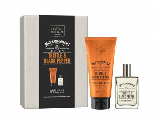 Geschenkset mit Duft von Distel und schwarzem Pfeffer, enthält Duschgel und Aftershave. Stilvolle Verpackung und Markenname.