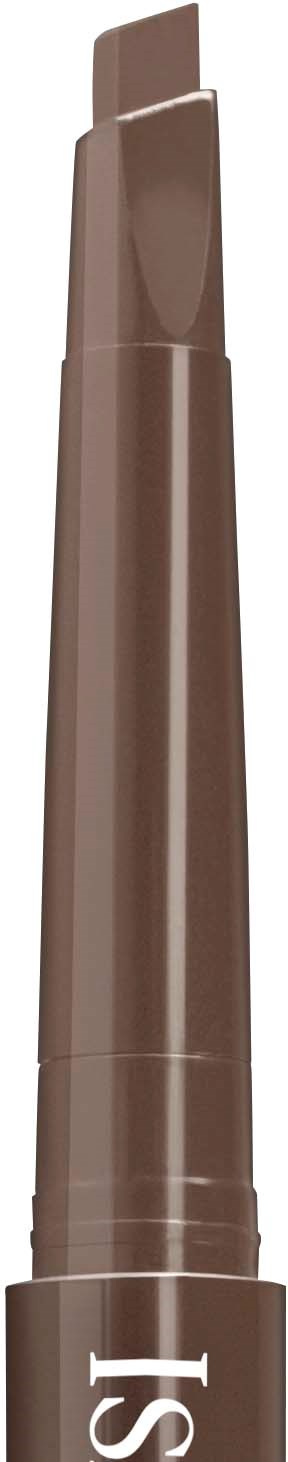 En brun makeup-penna med snedställd spets, stående upp mot en svart bakgrund.