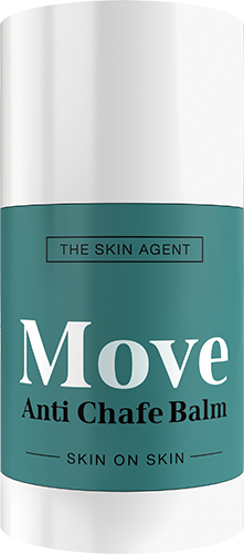 En teal flaska märkt 'Move Anti Chafe Balm' med vit lock. Den är för hudvård.