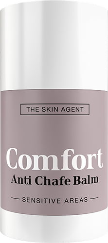 En vit flaska med Comfort Anti Chafe Balm för känslig hud. Det tillhör varumärket The Skin Agent.