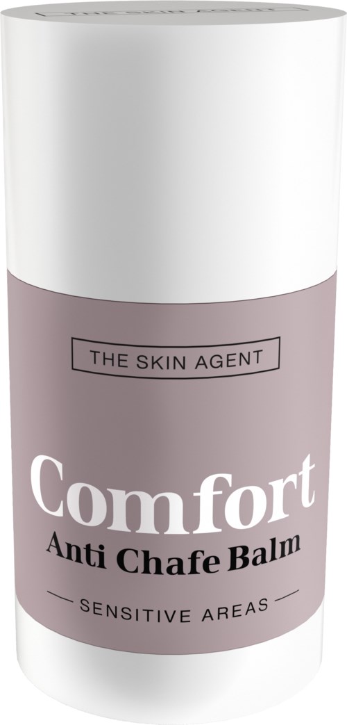 En cylinderformad behållare märkt 'Comfort Anti Chafe Balm' för känsliga områden.