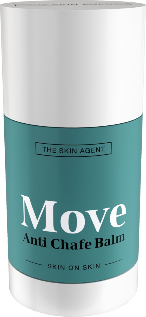 Eine türkise und weiße Flasche mit der Aufschrift 'Move Anti Chafe Balm' für Haut-auf-Haut-Probleme.