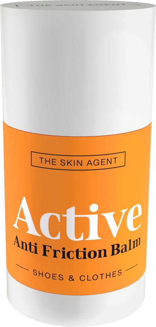 En vit flaska med orange etikett som säger 'Active Anti Friction Balm' för skor och kläder.