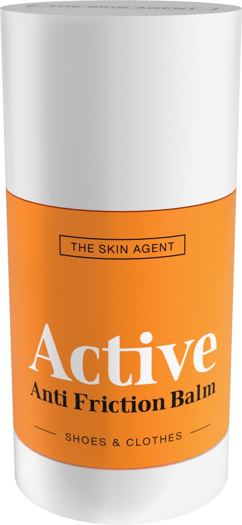 En vit-orange cylindrisk burk märkt "Active Anti Friction Balm" för skor och kläder.