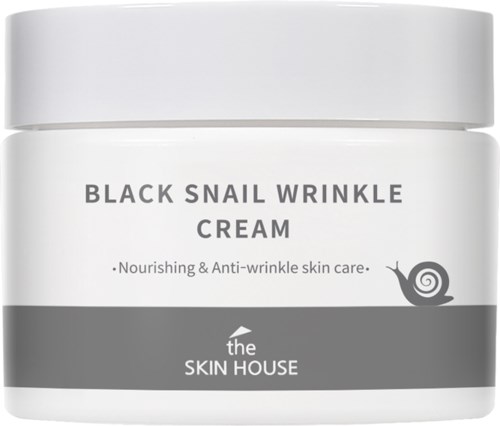 Valkoinen purkki, jossa lukee 'Black Snail Wrinkle Cream', ja siellä on sisällytetty kuoriili logo, tarkoituksena auttaa ryppyihin ja ikääntymiseen.
