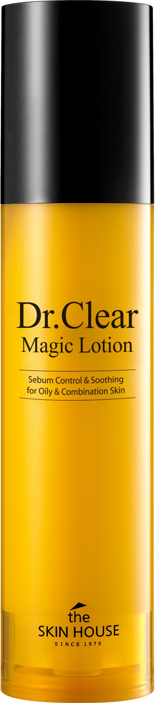 Een gele fles met zwarte dop, met label Dr. Clear Magic Lotion voor olie- en gemengde huid. Winkel logo onderaan.